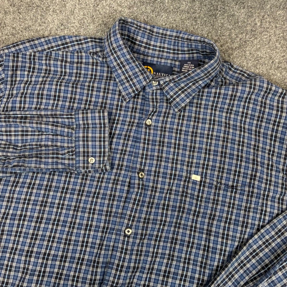 Nautica Jeans Company Mens Size 2XL XXL Plaid Cotton Long Sleeve Button Down